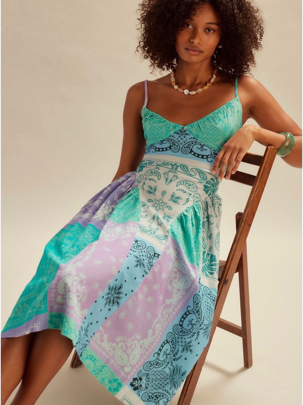 Free People Wish You Would Midi Dress Ocean Combo Patchwork